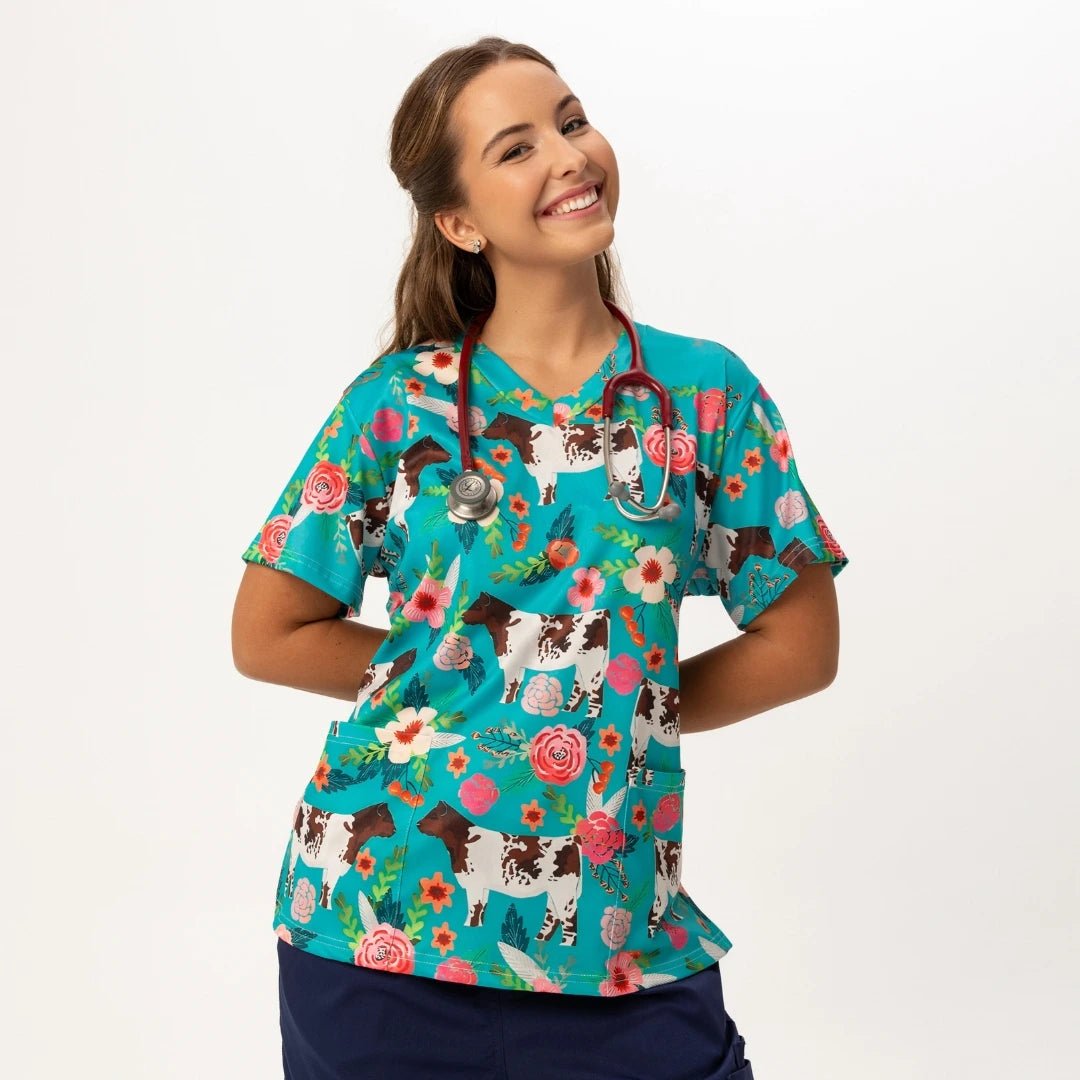 Cow - chella Scrub Top - Happy Scrub In | Scrubs With Style