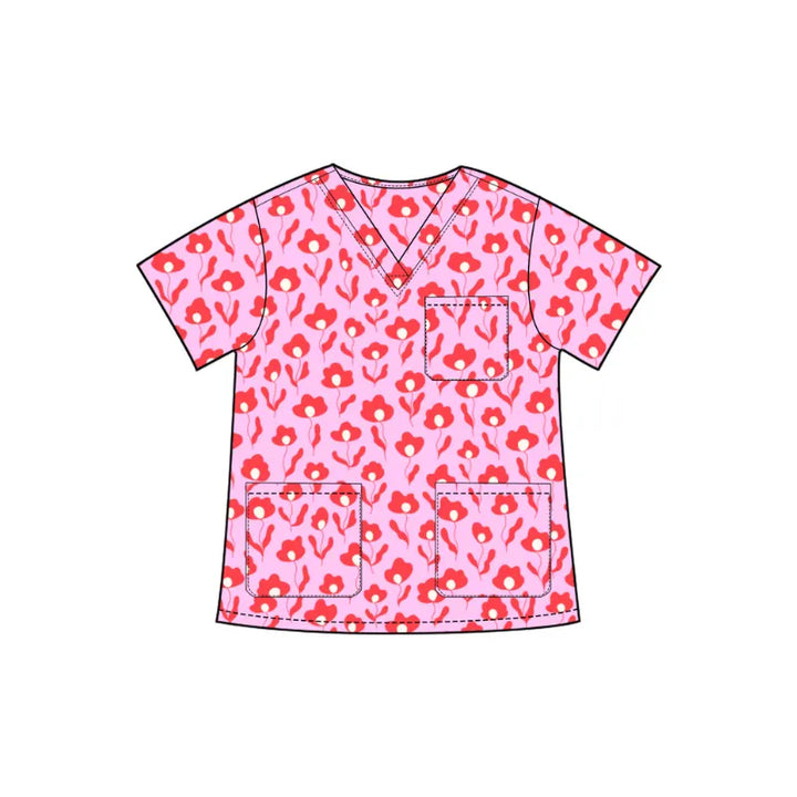 Code Floral Red Scrub Top