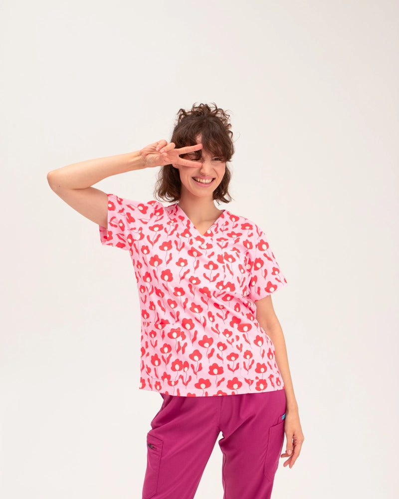 Code Floral Red Scrub Top