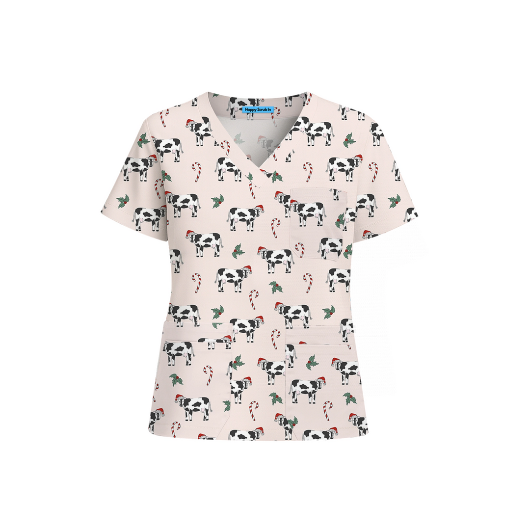 Christmas Moo - tivation Scrub Top - Happy Scrub In | Scrubs With Style