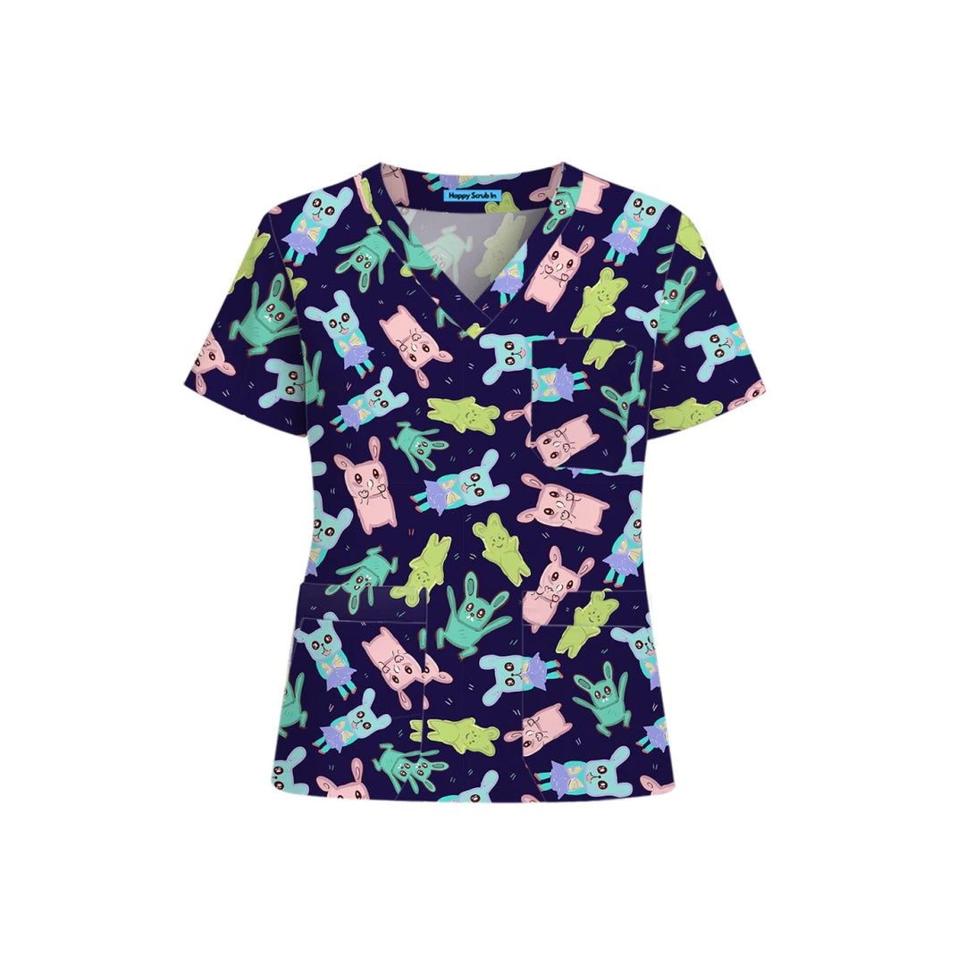 Cute But Chaotic Bunnies Scrub Top (Ships on March 23, 2026) - Happy Scrub In | Scrubs With Style