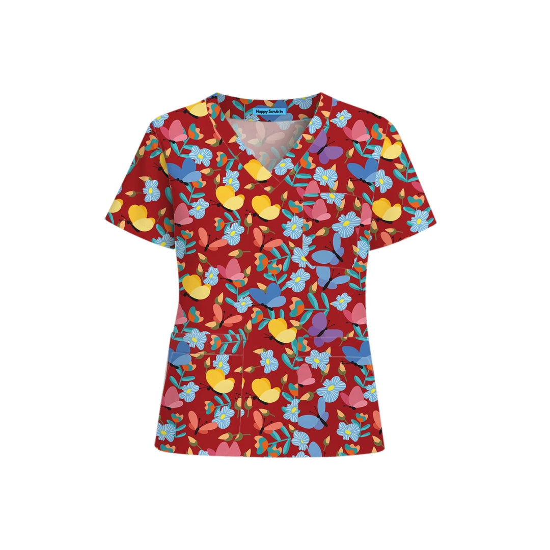 Flowers and Butterflies Scrub Top (Ships on March 23, 2026) - Happy Scrub In | Scrubs With Style