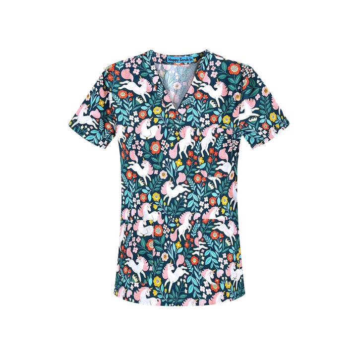 Unicorn in Flowers Scrub Top - Happy Scrub In | Scrubs With Style